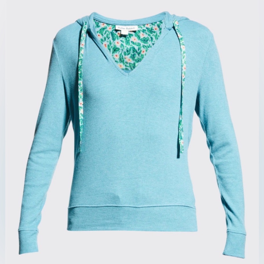 Roller Rabbit Lena Ribbed Pullover Hoodie Blue Floral Stretch Soft Women’s XL